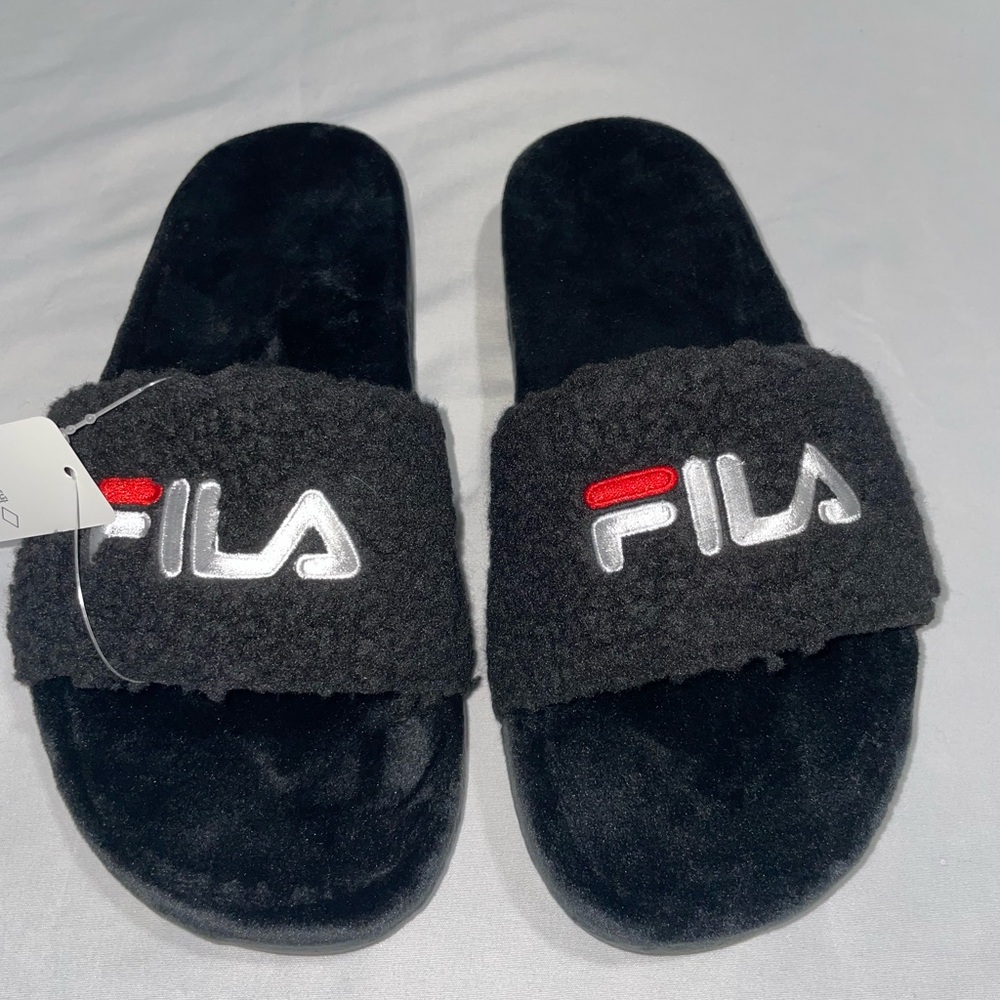 FILA Black Fuzzy Slide Sandals with Red Logo